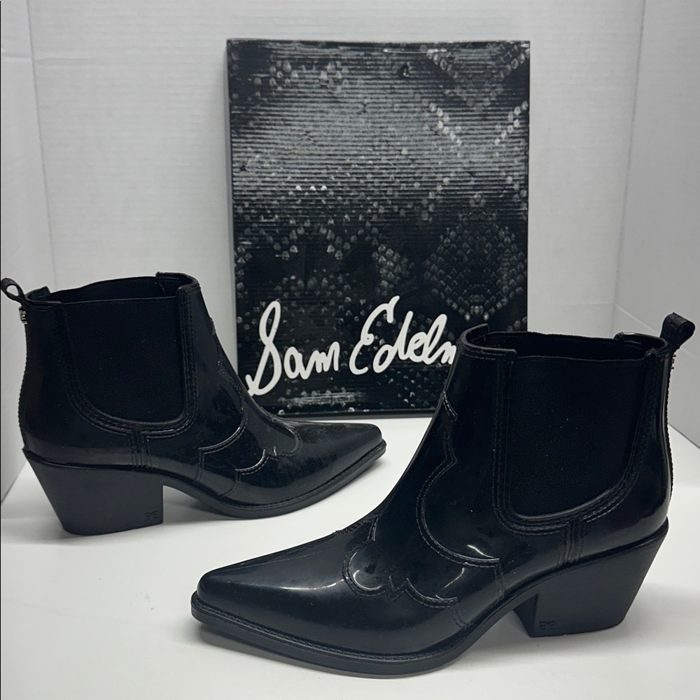 Sam Edelman Winona Rain Boots Ankle Heeled Booties Waterproof Shiny Black Size 8